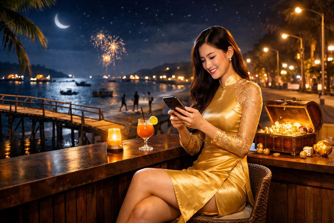 Người dùng tại Mũi Né mặc áo dài xem khuyến mãi casino trên điện thoại